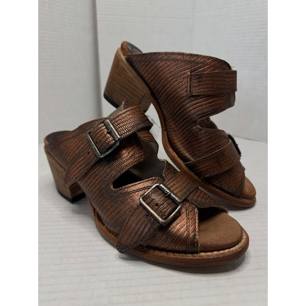 Freebird Caprice Sandals Womens 9 Copper Leather Snakeskin Embossed Buckle Mules